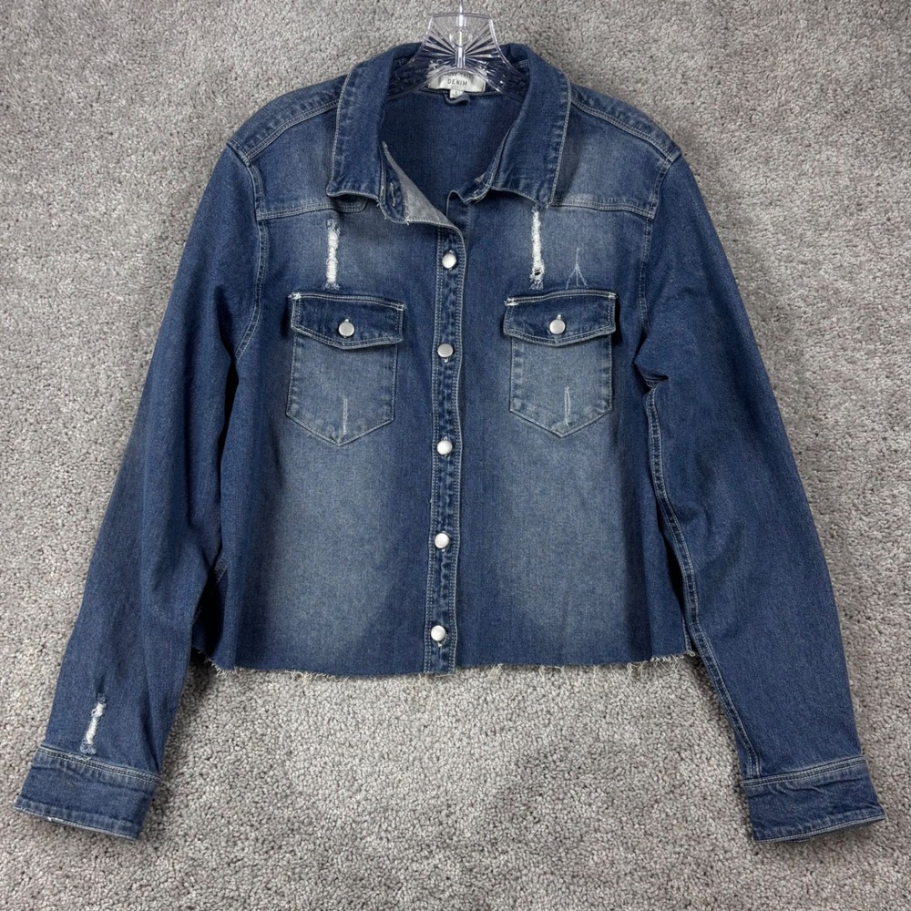 Love Tree Denim Womens Blue Distressed Graphic Jean Jacket Rooted in Love Large